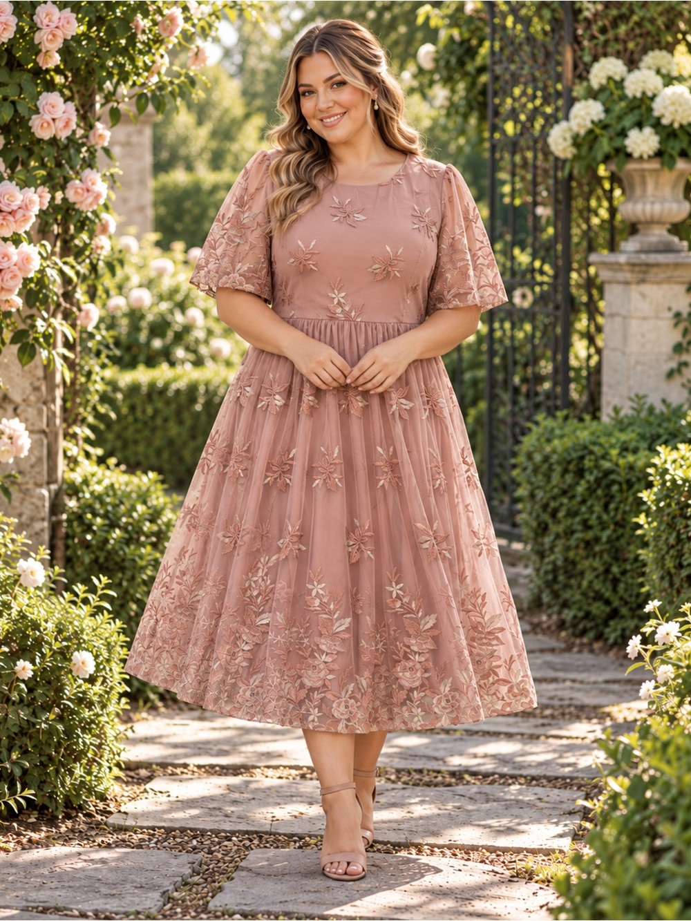 NWT Celadon Briar Rose Embroidered Floral Tulle Midi Dress 1X